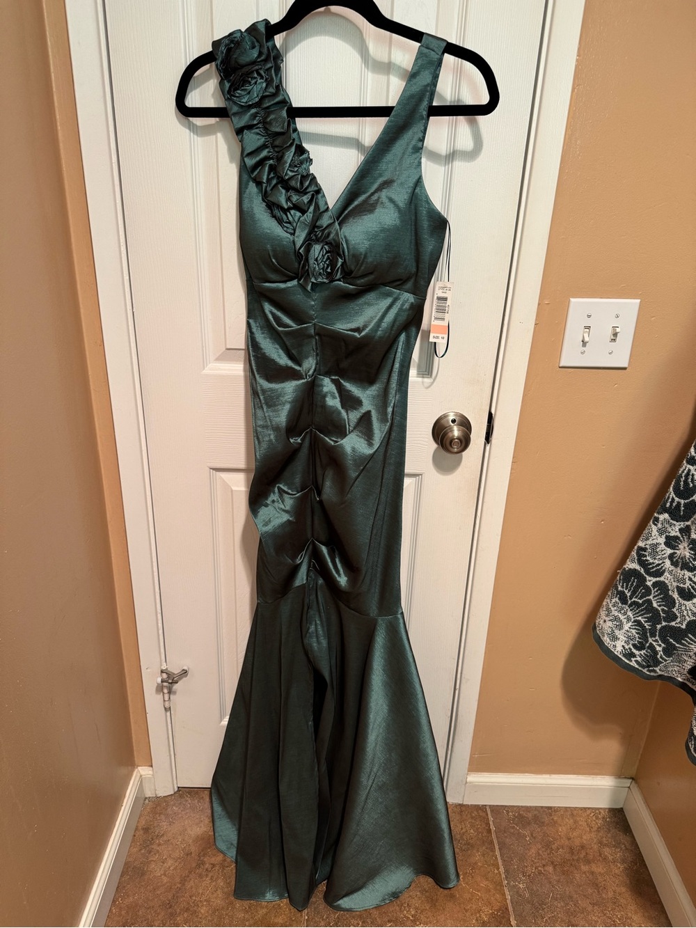 Sage Teal Satin Mermaid Style Evening Gown